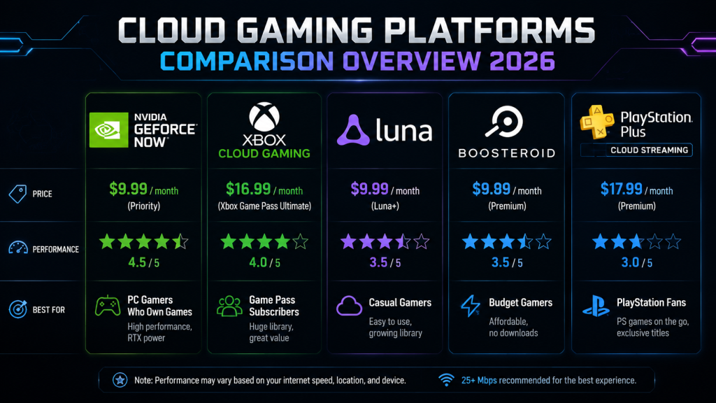 Cloud gaming platforms compared 2026 overview showing GeForce Now Xbox Cloud Luna Boosteroid and PS Plus with prices performance ratings and best for labels