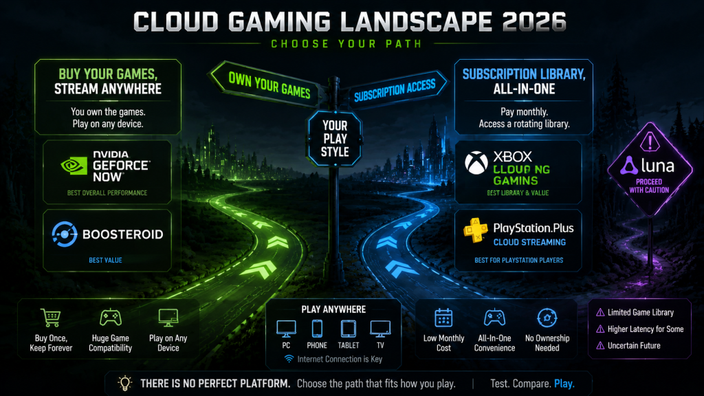 Cloud gaming 2026 landscape crossroads illustration showing buy your games versus subscription library paths with Amazon Luna as caution sign