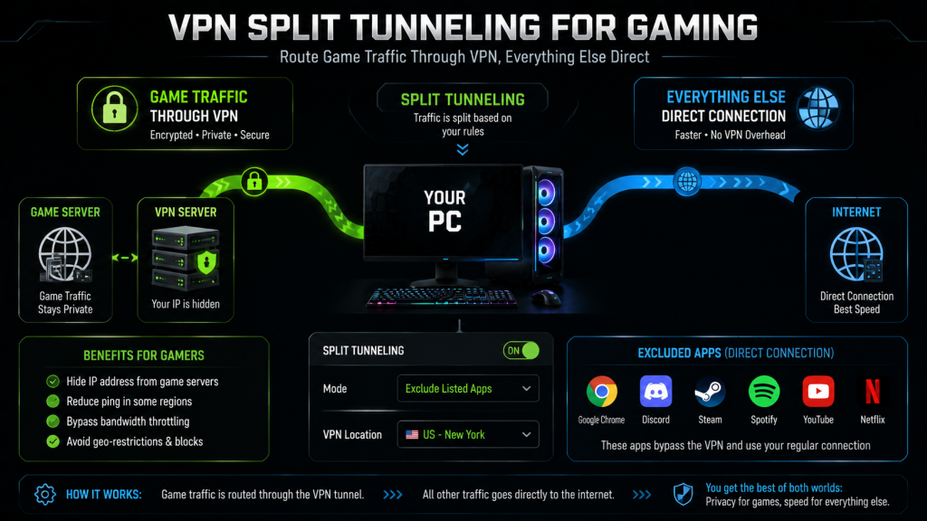 Gaming VPN split tunneling setup diagram showing how to route only game traffic through VPN while everything else goes direct to avoid anti cheat detection