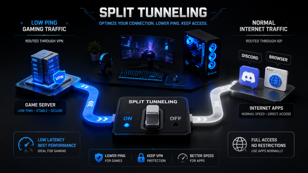 VPN split tunneling diagram: gaming PC with two network paths — blue path routes game through VPN to game server for low ping, white path connects Discord and browser directly to internet bypassing VPN. Center toggle switch controls split tunneling.