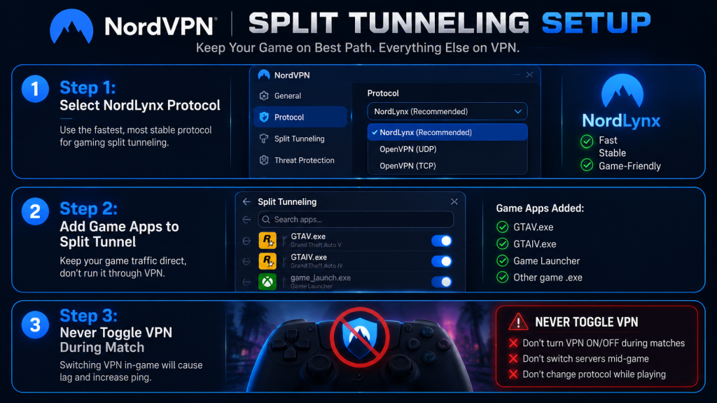 NordVPN split tunneling setup guide in 3 steps: Step 1 choose NordLynx WireGuard protocol in settings, Step 2 add game executables to split tunneling app list, Step 3 warning to never toggle VPN connection during a match. Dark UI design with NordVPN blue accents.