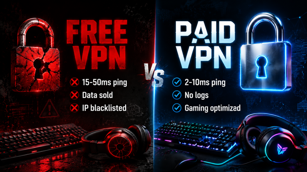 Free VPN vs paid VPN for gaming comparison — free VPN side showing high ping and security risks in red, paid VPN side showing low ping and protection in blue