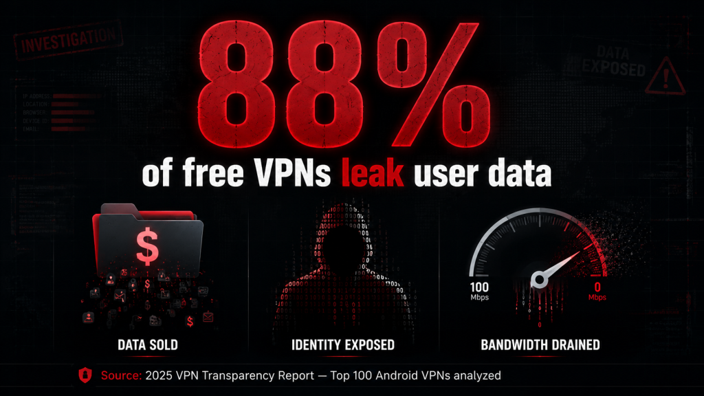 88% of free VPNs leak user data statistic from 2025 VPN Transparency Report — data sold, bandwidth stolen, device hijacked warning graphic