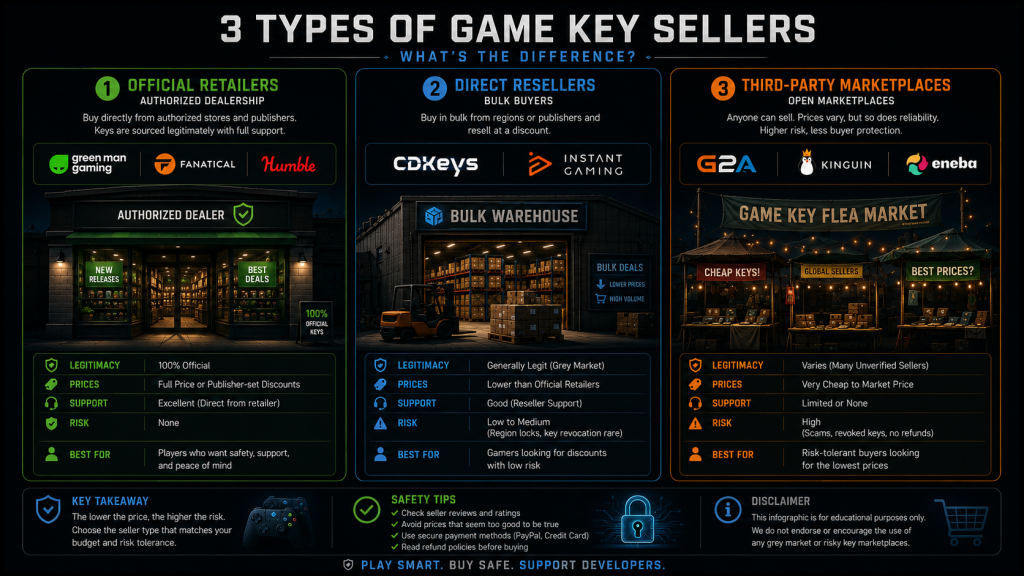 buy PC games cheap — three types of game key sellers comparison diagram, official retailers Green Man Gaming Fanatical Humble as authorized dealership storefront, direct resellers CDKeys Instant Gaming as bulk warehouse, third-party marketplaces G2A Kinguin Eneba as flea market stalls, clean educational illustration dark theme