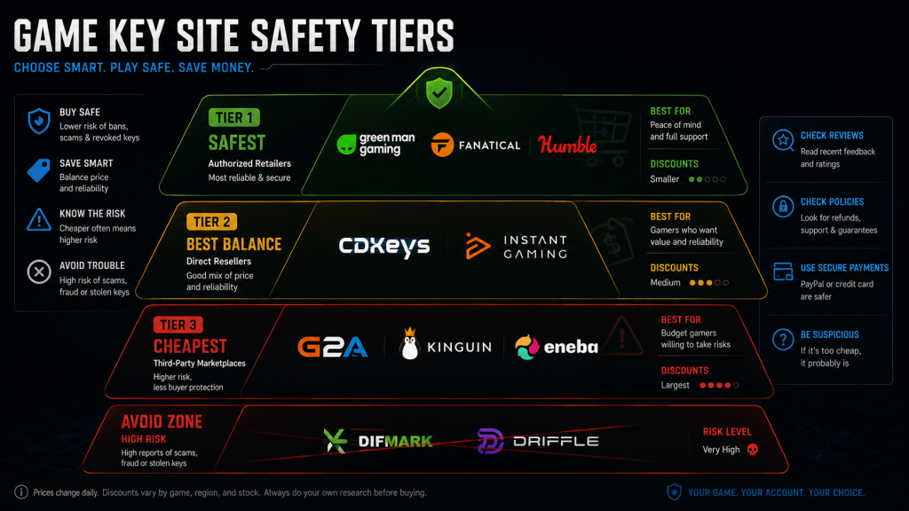 buy PC games cheap safety tier pyramid, Tier 1 top Green Man Gaming Fanatical Humble safest, Tier 2 middle CDKeys Instant Gaming best balance, Tier 3 bottom G2A Kinguin Eneba cheapest but risky, Avoid zone at very bottom Difmark Driffle crossed out, clean data visualization dark gaming theme