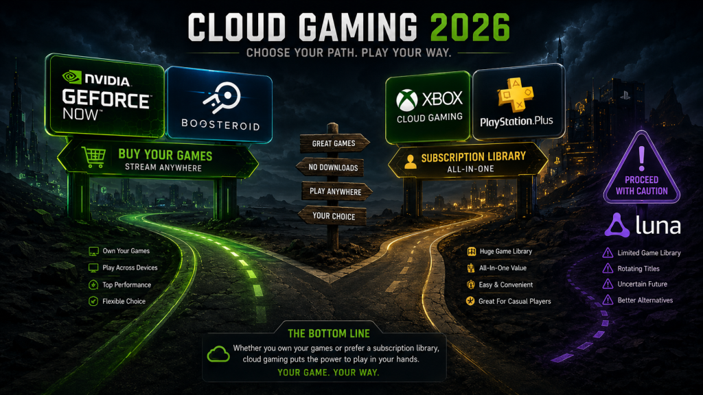 cloud gaming platforms compared 2026 landscape, crossroads visual with two paths, one path GeForce Now Boosteroid labeled buy your games stream anywhere, other path Xbox Cloud PS Plus labeled subscription library all-in-one, Amazon Luna as caution sign on the side, clean conceptual illustration dark tech aesthetic