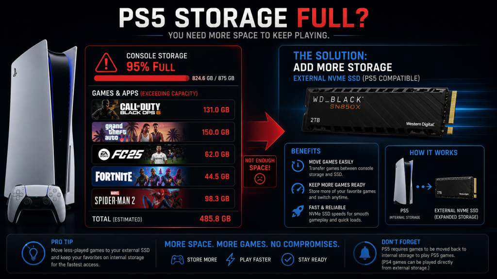 PS5 storage full — 667GB not enough for GTA 6 plus other AAA games, NVMe upgrade solution