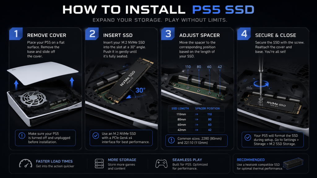 How to install PS5 SSD — 4-step visual guide, remove cover, insert NVMe at 30 degrees, secure screw, replace cover