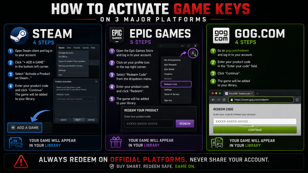 How to activate game keys on Steam Epic and GOG three platforms side by side