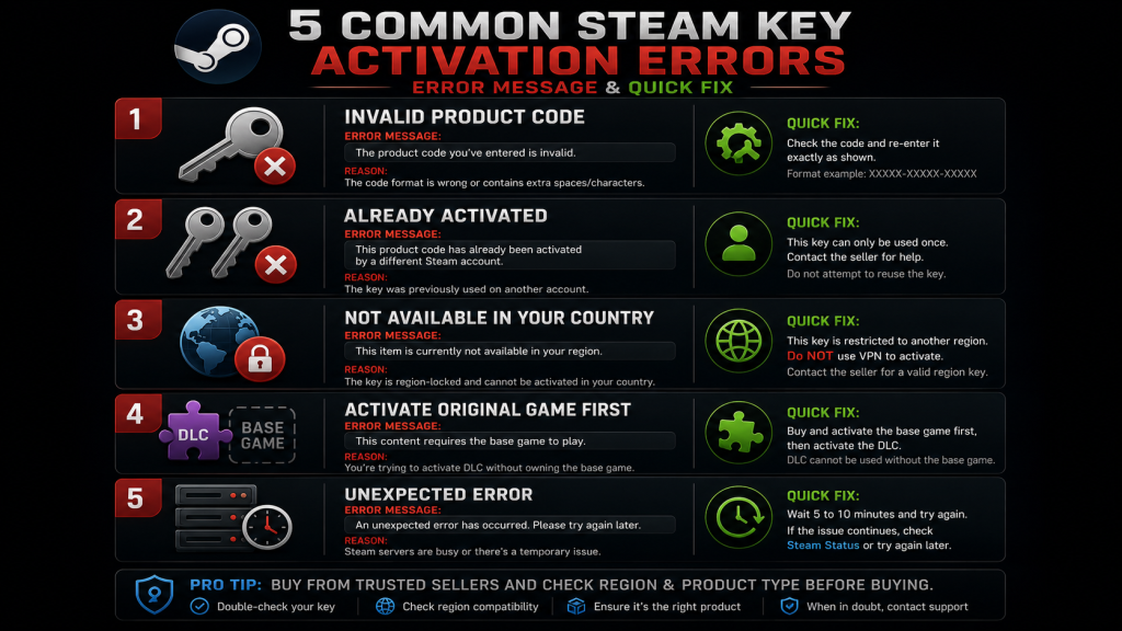 5 common Steam key activation errors and fixes invalid product code already activated region lock DLC missing unexpected error