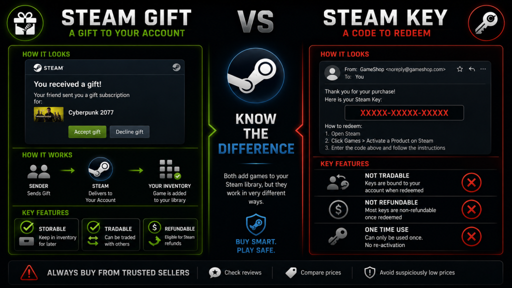 Difference Steam Gift vs Steam Key comparison table gift through Steam inventory vs code string from seller