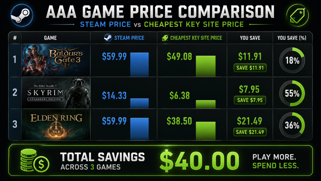 Compare game key prices Baldurs Gate 3 49 dollars vs Steam 60 Skyrim 6 dollars vs Steam 14 Elden Ring 38 dollars vs Steam 60 save up to 55 percent