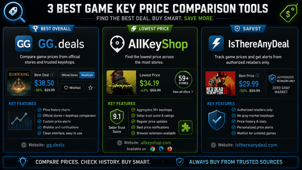 GG.deals vs AllKeyShop vs IsThereAnyDeal comparison best overall lowest price safest