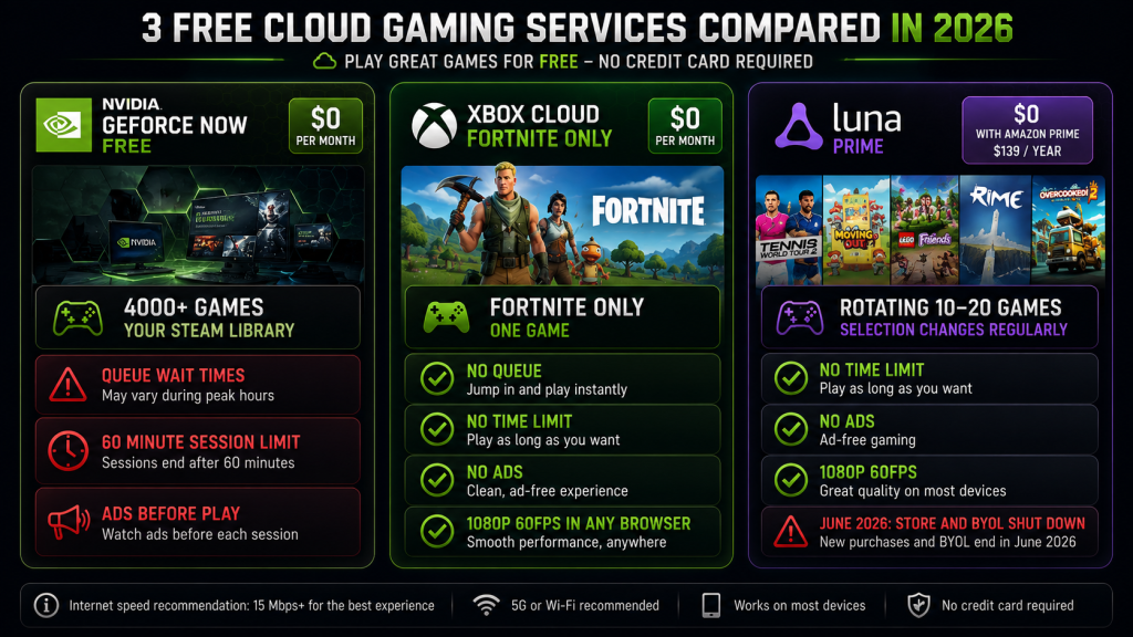 Three free cloud gaming services compared GeForce Now Free 1 hour limit queue vs Xbox Cloud Fortnite only unlimited vs Luna Prime with Amazon Prime 139 dollars