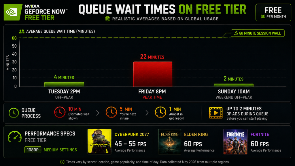 GeForce Now Free queue wait times Tuesday 2PM 4 min Friday 8PM 22 min Sunday 10AM 2 min all sessions 60 minutes