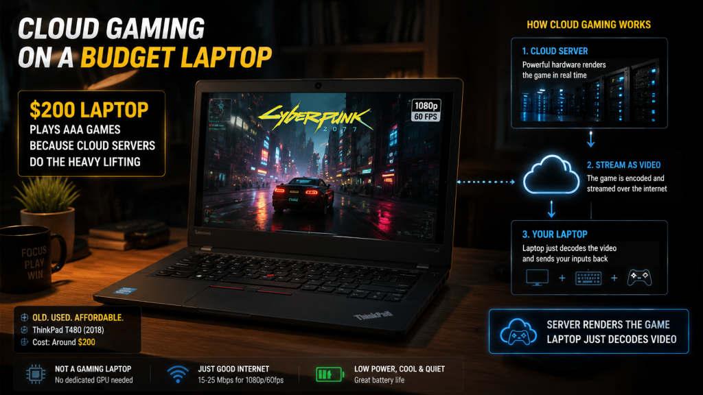 cloud gaming budget laptop old thinkpad streaming cyberpunk 2077 server renders laptop decodes video