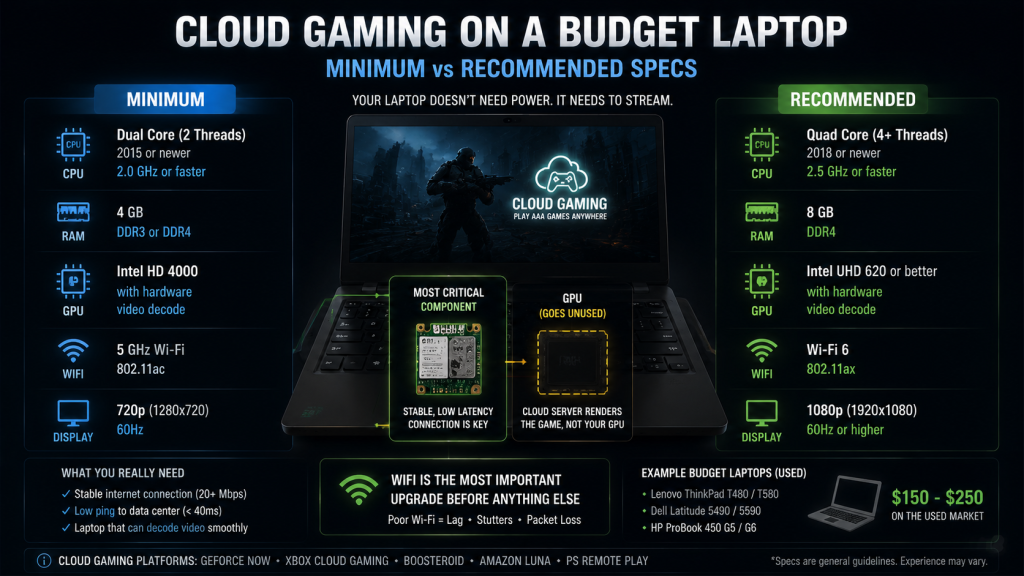 cloud gaming budget laptop minimum specs dual core CPU 2.0GHz 4GB RAM Intel HD 4000 5GHz WiFi mandatory
