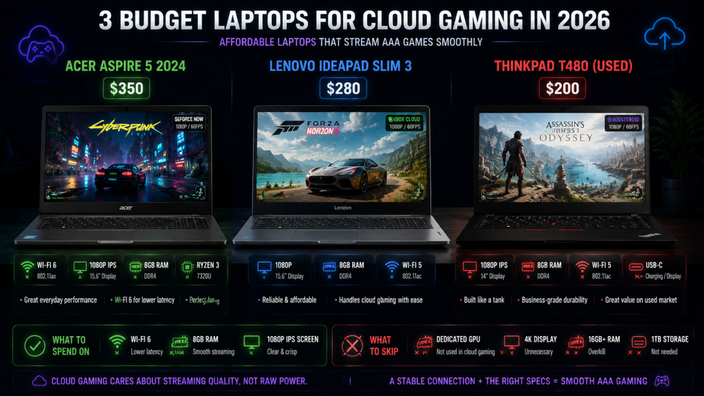 best budget laptops for cloud gaming 2026 Acer Aspire 5 350 dollars Lenovo IdeaPad Slim 3 280 dollars ThinkPad T480 200 dollars
