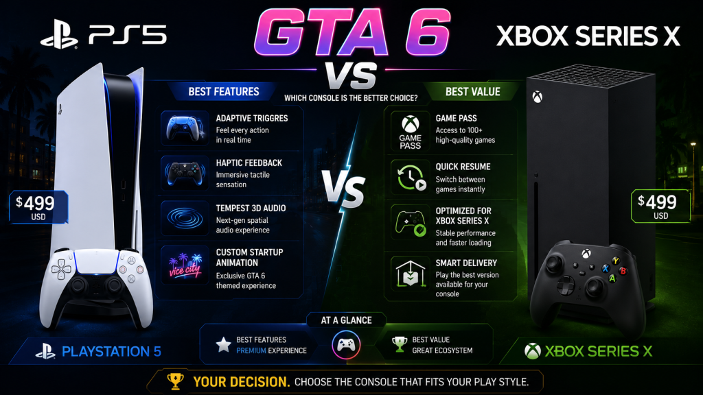 GTA 6 PS5 vs Xbox Series X console comparison DualSense adaptive triggers haptic feedback vs standard controller 499 dollars each
