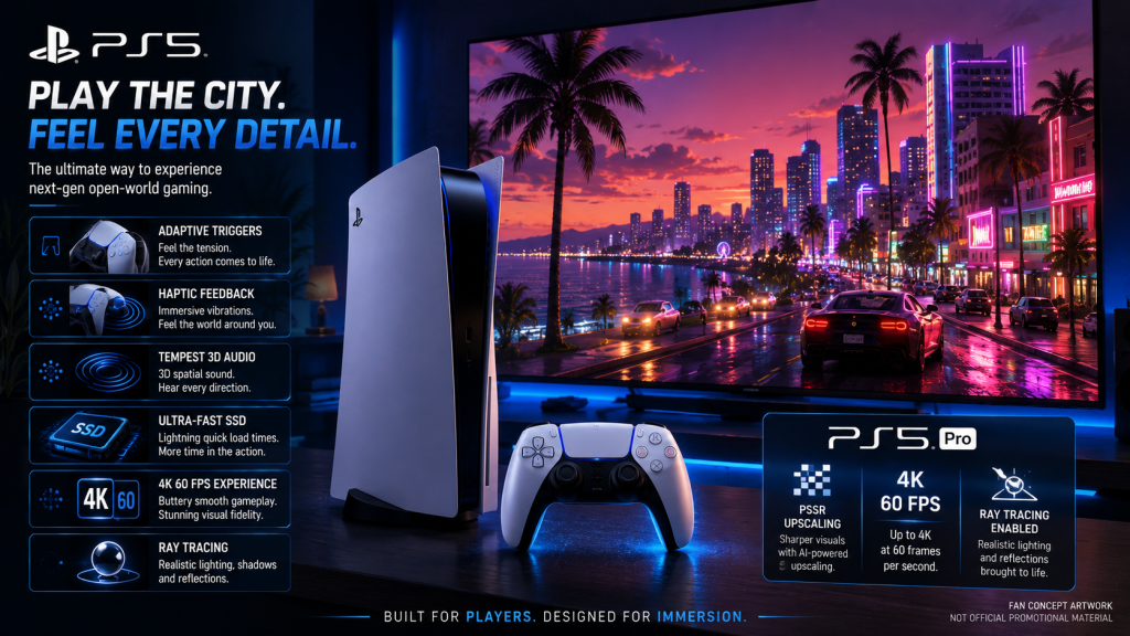 GTA VI Plays Best on PS5 branding custom Vice City startup animation DualSense Tempest 3D Audio PS5 Pro 4K 60fps ray tracing