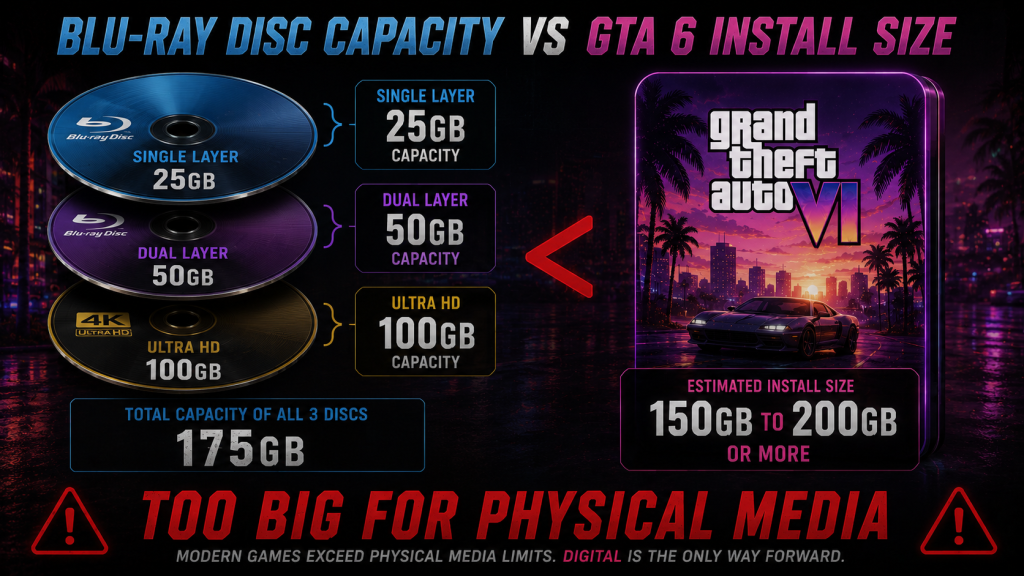 Blu-ray disc capacity vs GTA 6 install size 25GB 50GB 100GB discs combined smaller than GTA VI 150 to 200GB too big for physical media