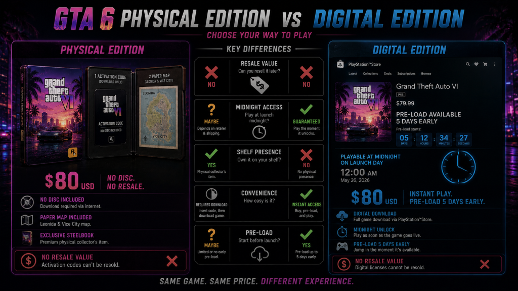 GTA 6 physical vs digital edition comparison steelbook code card 80 dollars no resale vs digital pre-load 5 days early midnight unlock same 80 dollars