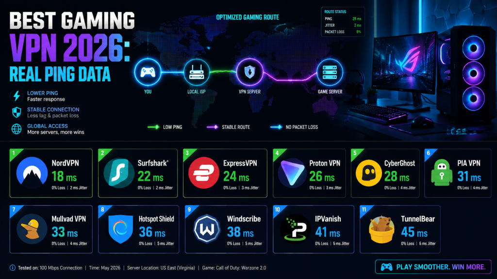 Best gaming VPN comparison 2026 — gaming PC setup with network topology hologram showing ping routes, 11 VPNs tested with real benchmark results, dark futuristic gaming aesthetic