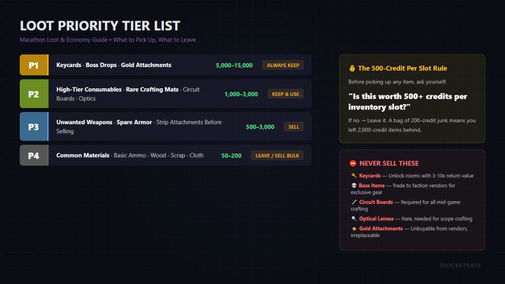 Marathon loot priority tier list - P1 keycards and boss drops, P2 consumables, P3 weapons, P4 common materials