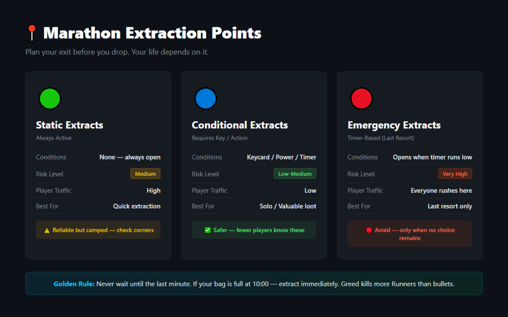 Marathon beginner guide — extraction point types comparison chart with Static, Conditional, and Emergency extracts