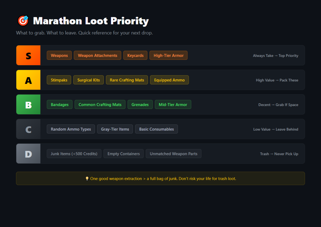 Marathon beginner guide — loot priority tier list from S-tier to D-tier showing what to grab vs leave behind