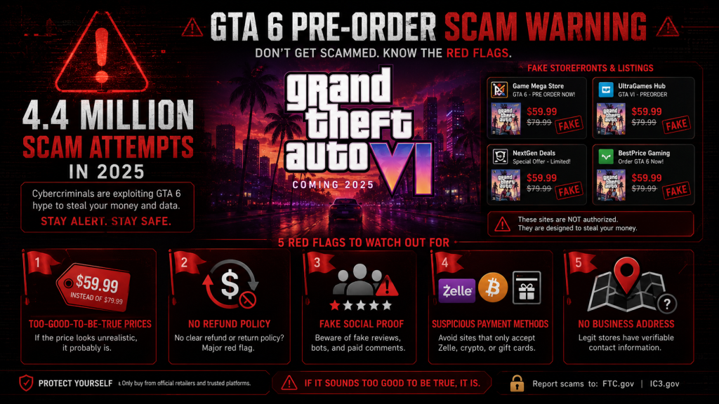 GTA 6 pre-order scam warning 4.4 million scam attempts in 2025 five red flags too-good prices fake stores no refund suspicious payment no address