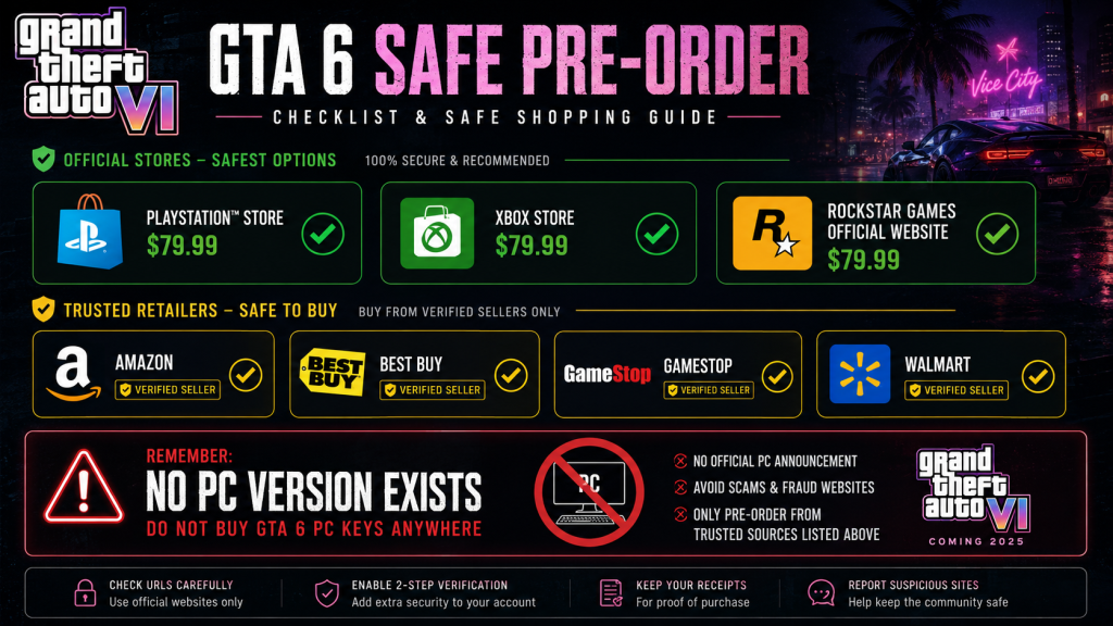 GTA 6 safe pre-order stores checklist PlayStation Store Xbox Store Rockstar official 79.99 dollars Amazon Best Buy verified no PC keys exist