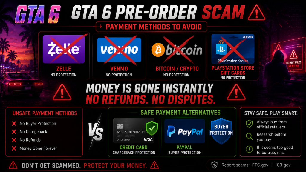 GTA 6 pre-order scam payment methods to avoid Zelle Venmo Bitcoin gift cards unsafe vs credit card PayPal buyer protection safe alternatives