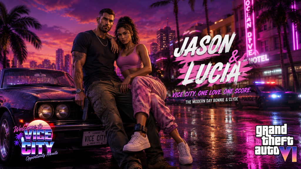 GTA 6 characters Jason and Lucia Bonnie and Clyde couple Vice City neon backdrop ankle monitor