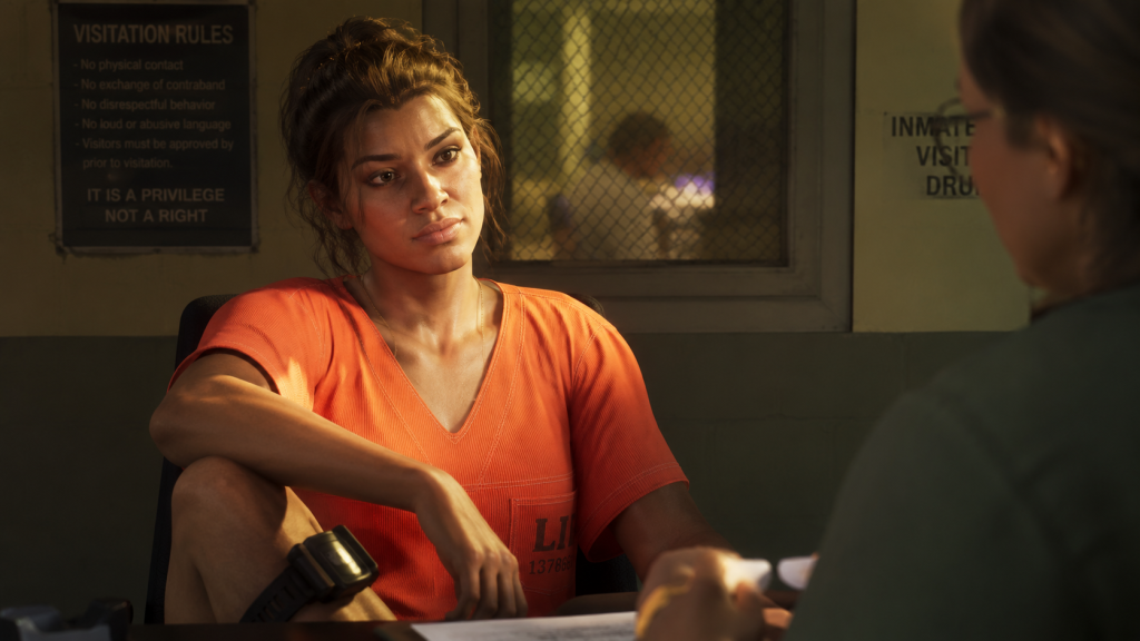 GTA 6 character Lucia close-up female protagonist ankle monitor prison interview room