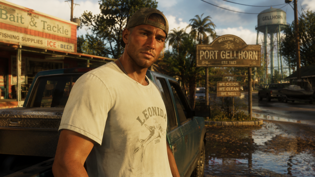GTA 6 character Jason portrait male protagonist casual Florida style Port Gellhorn pickup truck