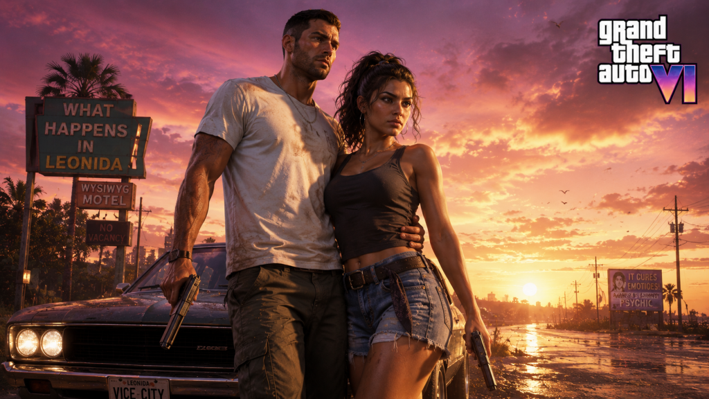 GTA 6 characters Jason and Lucia holding firearms together sunset road trip Bonnie and Clyde style
