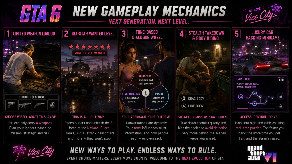 GTA 6 new gameplay mechanics limited weapon loadout trunk storage six-star wanted National Guard dialogue wheel stealth body hiding car hacking