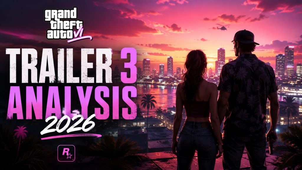 GTA VI Trailer 3 analysis hero banner with neon Vice City skyline and two silhouetted protagonists