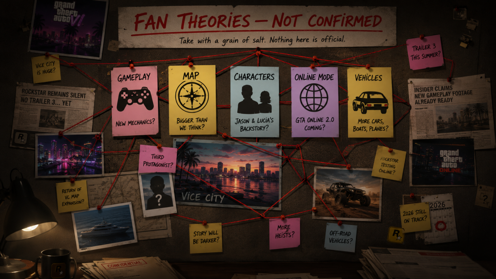 GTA VI Trailer 3 community speculation board with fan theories connected by red string clearly labeled not confirmed