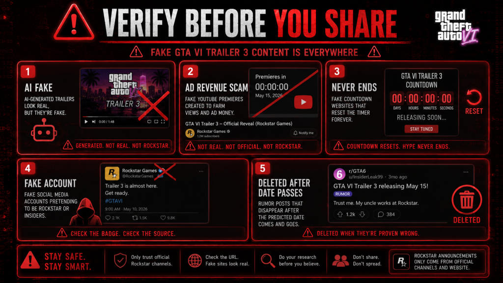 Fake GTA VI Trailer 3 warning infographic showing five common scam types including AI trailers and fake countdowns