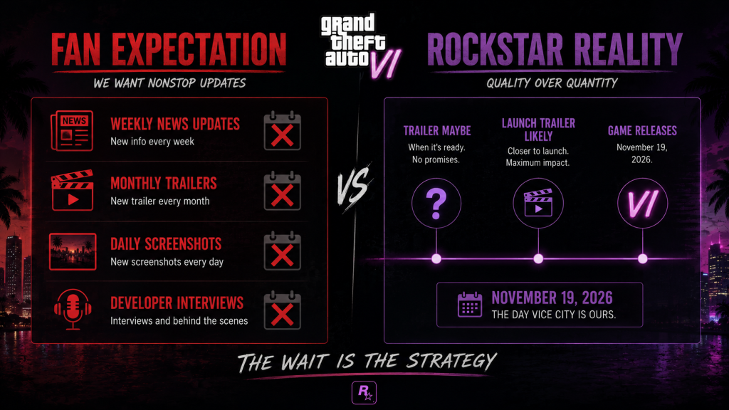 GTA VI Trailer 3 fan expectations versus Rockstar reality comparison showing long silence before launch