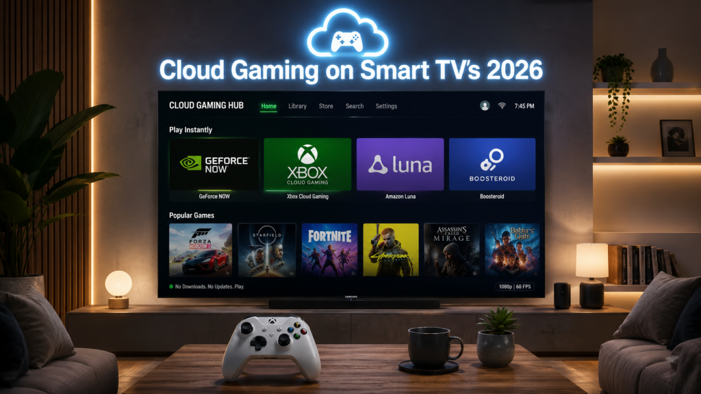 Hero banner for Cloud Gaming on Smart TVs 2026 article showing a modern living room with a smart TV streaming a cloud gaming interface and a wireless controller on the coffee table.