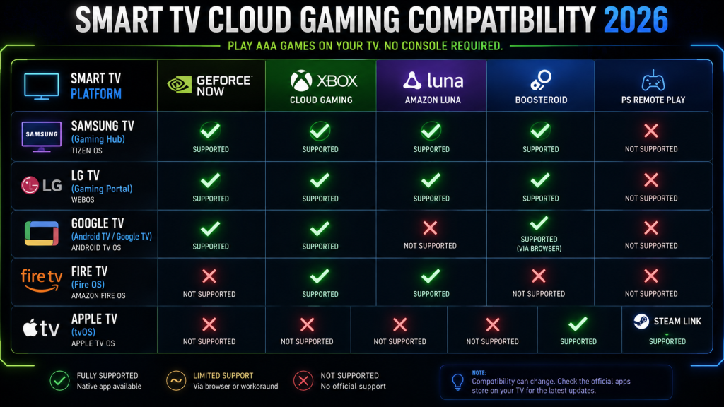 A clean comparison infographic matrix showing 5 smart TV platforms (Samsung TV, LG TV, Google TV, Fire TV, Apple TV) in rows and 5 cloud gaming services (GeForce NOW, Xbox Cloud Gaming, Amazon Luna, Boosteroid, PS Remote Play) in columns. Each cell marked with a green checkmark or red X indicating support. Samsung and LG rows show green checks across 4 services. Apple TV row shows mostly red X marks except PS Remote Play and Steam Link. Title at top: "Smart TV Cloud Gaming Compatibility 2026". Dark gaming aesthetic with neon green and blue accents, 1200x675px, 16:9 horizontal, suitable for blog content.