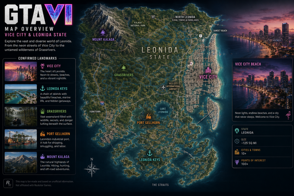 GTA 6 map locations overview — illustrated fan map of Vice City and Leonida state showing all confirmed landmarks, Vice City Beach skyline, Leonida Keys islands, Grassrivers swamp, Port Gellhorn industrial port, Mount Kalaga mountains, dark gaming aesthetic