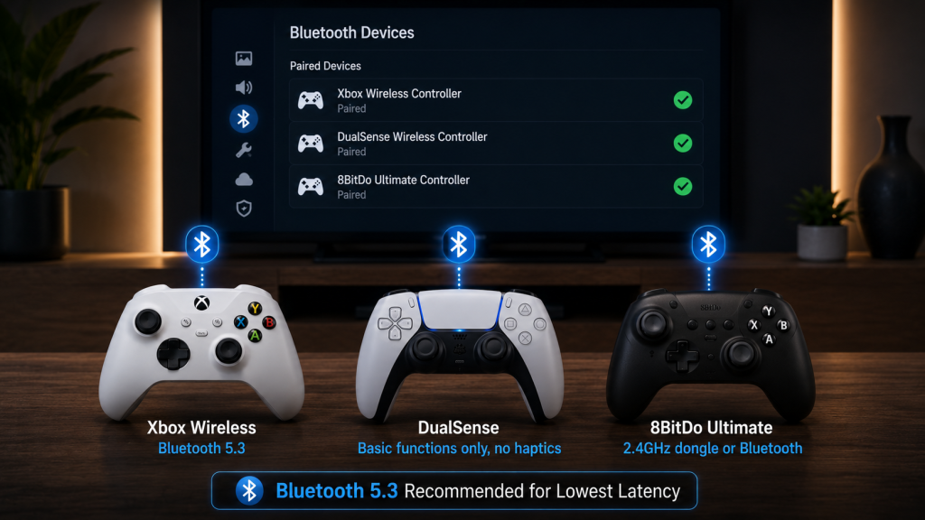 Controller connection comparison showing Xbox Wireless Controller, DualSense, and 8BitDo Ultimate side by side with Bluetooth pairing icons, labeled with compatibility notes for smart TV cloud gaming.