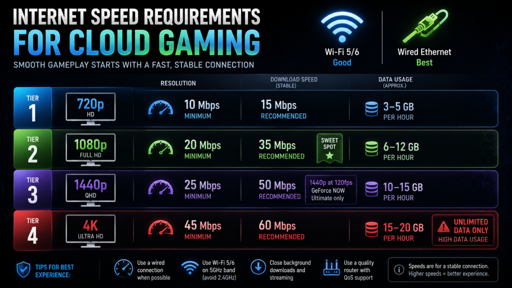 Internet speed requirements infographic for cloud gaming on smart TV showing 720p, 1080p, 1440p, and 4K tiers with minimum and recommended Mbps speeds and data usage per hour.