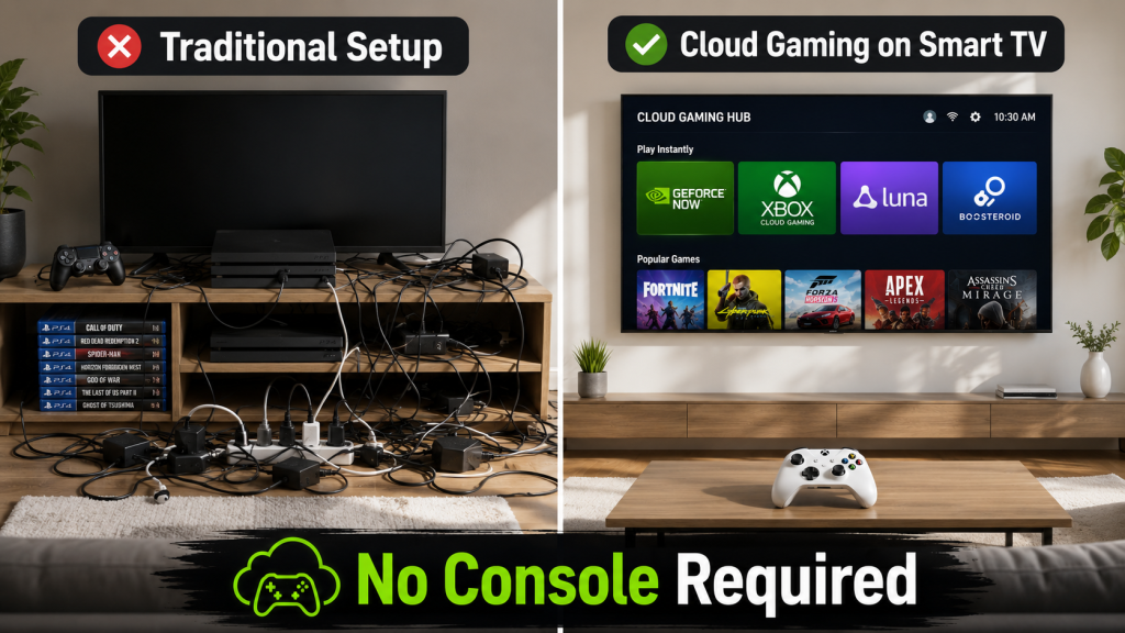 Side-by-side living room comparison showing a cluttered traditional console gaming setup with cables and hardware on the left versus a clean smart TV cloud gaming setup with just a controller on the right, captioned No Console Required.