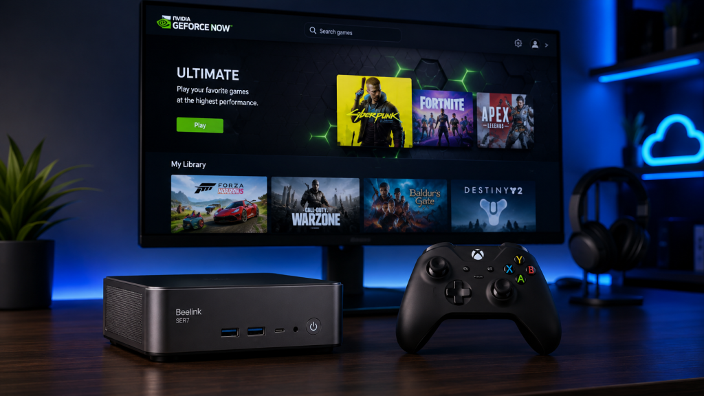 Best cloud gaming devices 2026 — mini PC desk setup with GeForce NOW Ultimate on monitor, Xbox controller, dark gaming aesthetic