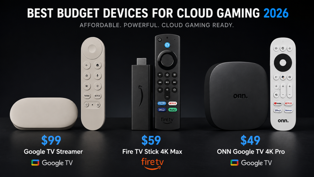 Budget cloud gaming devices comparison — Google TV Streamer $99, Fire TV Stick 4K Max $59, ONN Google TV 4K Pro $49 side by side